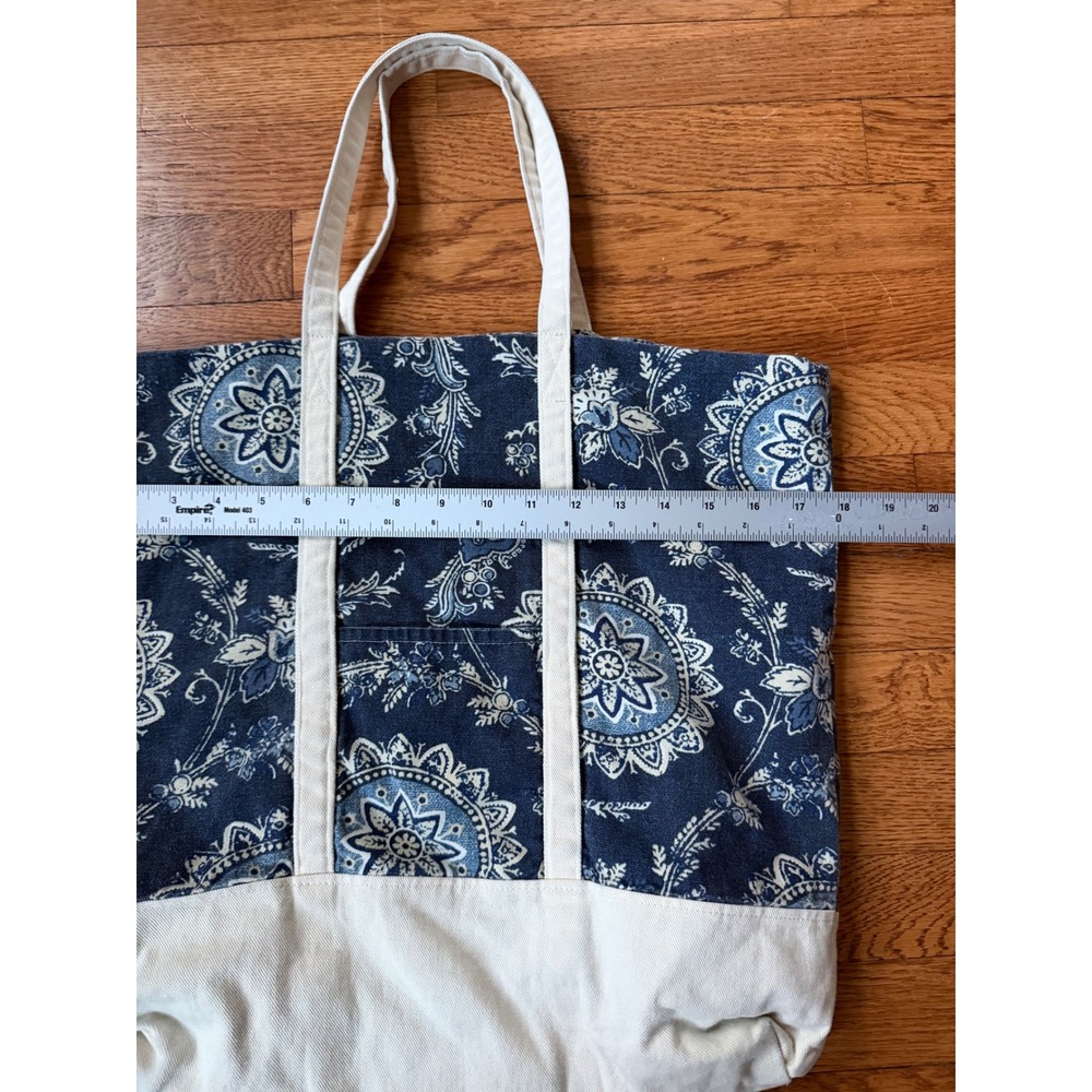 Boho Navy Paisley Mandala Canvas Tote Bag Large Floral Shoulder Bag Cream Trim - Picture 4 of 4